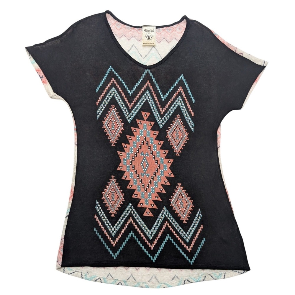 Vocal Southwestern Graphic V-Neck Top Women Small Black Pink Rhinestone